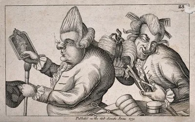 A fat hunchbacked man with two large warts on his nose with hairs growing out, admires his fashionable wig in a hand-mirror; a grinning barber trims his wig in front of a table on which there are various hair-dressing appliances