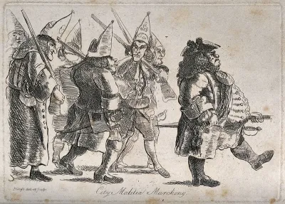 A fat man in uniform and carrying a sword leads a disorderly band of men with rifles