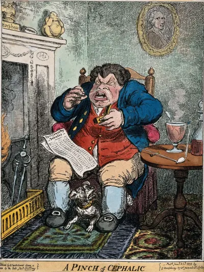 A fat man sits at his fireside taking snuff with a smoking pipe and drink by his side