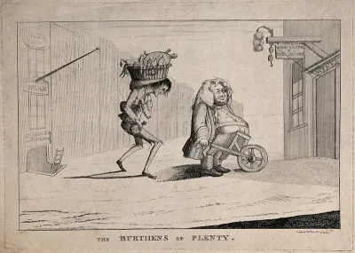 A fat man who carries his stomach on a wheelbarrow is followed to a restaurant by a poor, thin man carrying a basket of food on his head