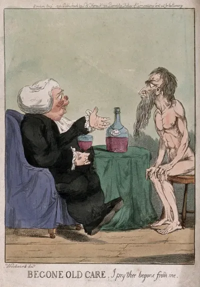 A fat parson with large glass of port in hand is watched by a thin, naked man representing care (worry), and tells him to be gone