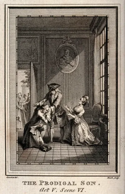 A father and mother greet their returning son with a crowd of people gathered outside the open door