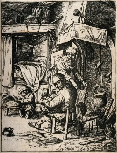 A father feeding his infant while the mother attends to domestic jobs and a small child plays with its food