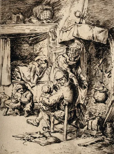 A father feeding his infant whilst the mother attends to domestic jobs and a small child plays with its food