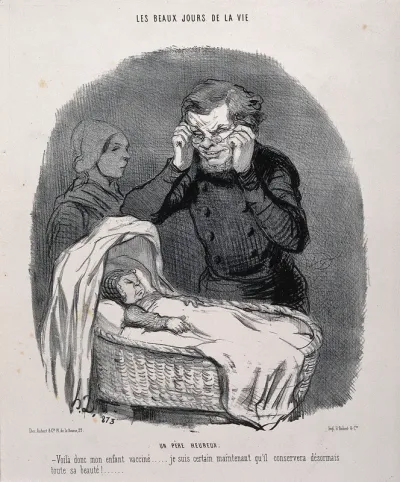A father looks over his vaccinated, ugly child and is glad that his face will be spared the blemishes of smallpox