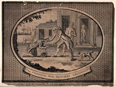 A father rushes from the house to meet his returning son who is dressed in rags