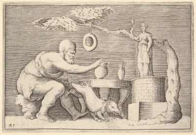 A Faun or Satyr Preparing a Pig for Sacrifice, from "Ex Antiquis Cameorum et Gemmae Delineata/ Liber Secundus/et ab Enea Vico Parmen Incis"
