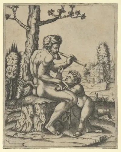 A faun sitting on a rock holding a flute in his left hand; a child stands between his knees