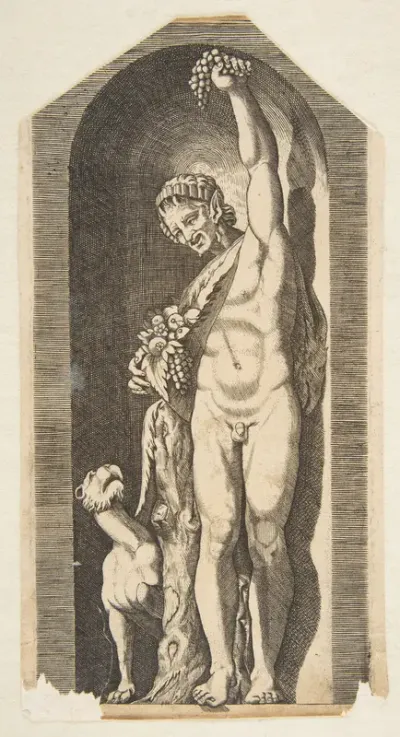 A faun standing in a niche holding aloft a bunch of grapes in his left hand and holding a bundle of fruit in his right hand, a dog lower left