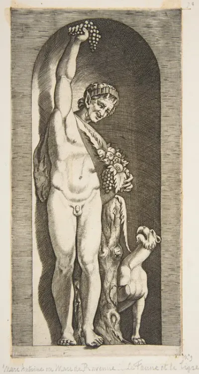 A faun standing in a niche holding aloft a bunch of grapes with his right hand and fruit with his left hand, a dog lower right