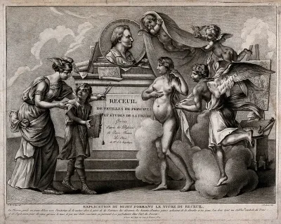 A female allegorical figure of theory guiding a boy towards a nude female figure representing Nature, who is revealed by the winged figure of painting