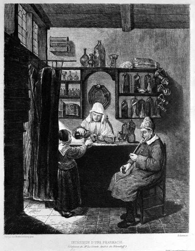 A female apothecary mixing up a prescription for a child
