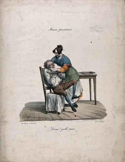A female barber lathering the face of a nervous man