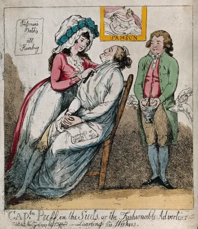 A female barber shaving a man; a male assistant standing on the right holds a "puff lather" bowl