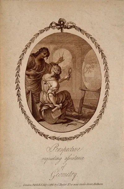 A female figure at an easel is helped by another with a compass; representing perspective and geometry in art