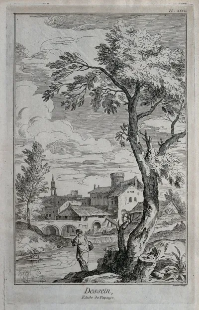A female figure beside a river with a townscape beyond
