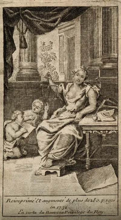 A female figure holding a pair of scales, resting her foot on a footstool; representing justice
