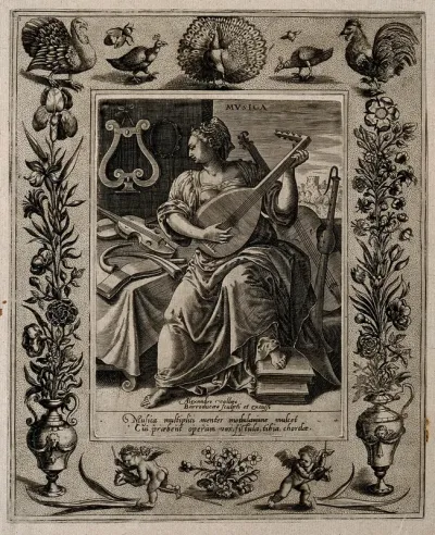 A female figure playing a stringed instrument; representing music