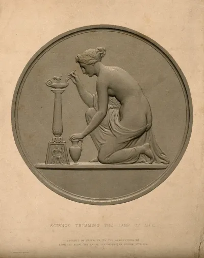 A female figure representing science trimming the lamp of life