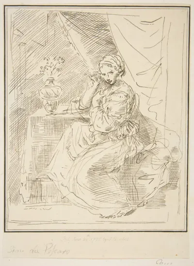 A female figure seated beside a flower vase