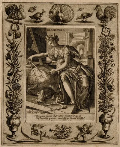 A female figure with a castle on her head measures a globe with a compass; representing geometry