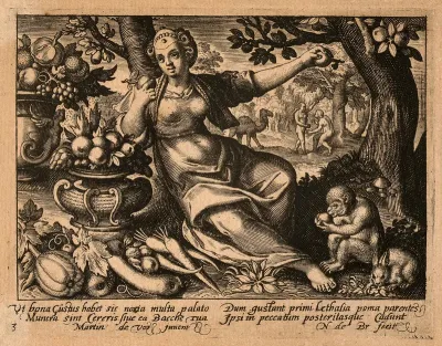 A female figure with bowls of fruit and a monkey; Eve picks the apple from the tree of knowledge; representing the sense of taste