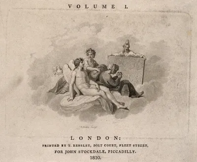 A female goddess with a castle on her head (representing an Earth goddess or Geometry) holds up a tablet engraved with faces from which a man copies; two angels and a swan sit with them in the clouds
