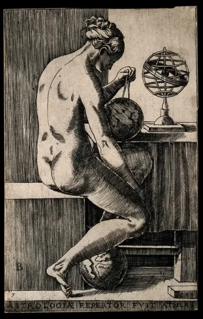 A female nude draws a compass over a globe; representing astrology