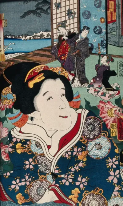 A female role actor with a scene of modern dress Genji behind