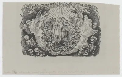 A female saint standing with a cavalier and surrounded by angels and skeletons