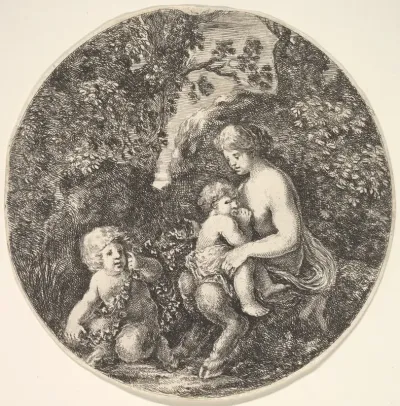 A female satyr breastfeeding an child to the right, turned towards the left, a satyr child on the ground to the left, from "Landscapes and seaports" (Paysages et ports de mer, dans des ronds)