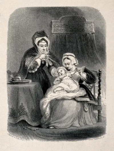 A female servant holds a small child while its fashionably dressed mother touches its face on her way out