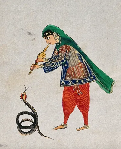 A female snake charmer plays the flute to rouse the snake