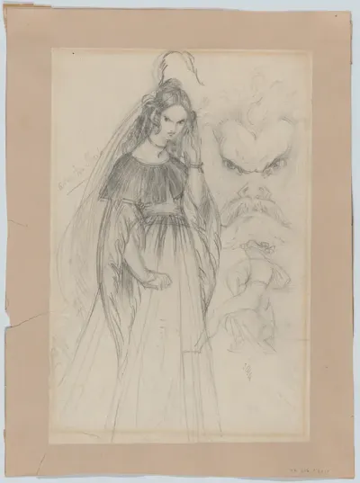 A Femme Fatale, a mask-like male face, and male figure seen from behind (recto). An angel descending stairs (verso)