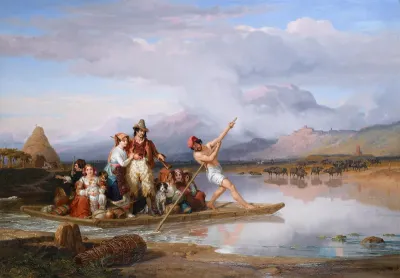 A ferry on the Ninfa, Sermoneta in the distance - a scene in the Pontine marshes, near Rome