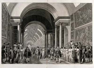 A festive procession led by Napoleon Bonaparte through the galleries of the Louvre passes jubilant courtiers