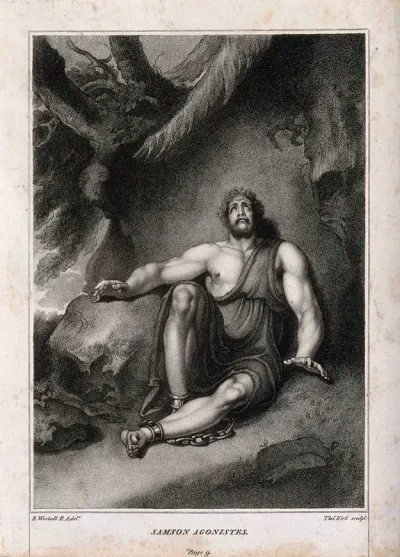 A fettered Samson sits blind and distraught in a gloomy clearing