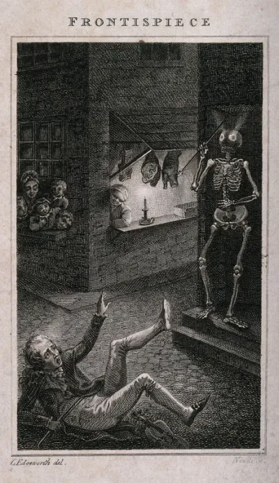 A fiddler falls over in fright at a skeleton