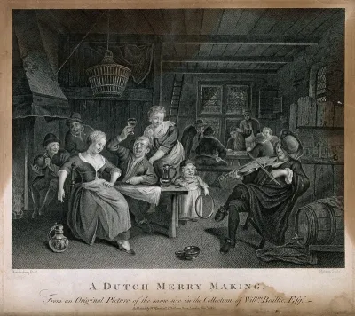 A fiddler plays in a tavern with a family drinking at one table and others in the background