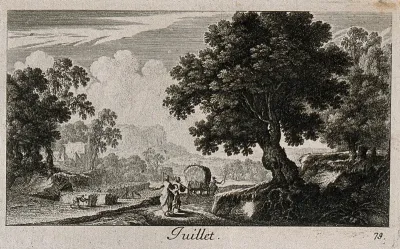 A field being harvested; representing July