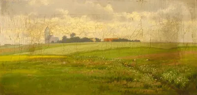 A field with two storks and a village in the distance.
