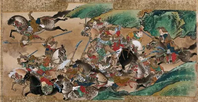 A fierce battle between soldiers on horses