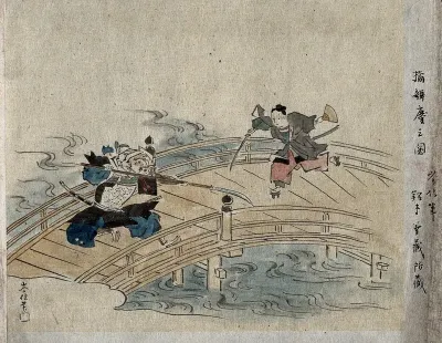 A fierce samurai holding a spear fighting an effeminate samurai on a bridge