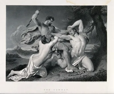 A fight between two men is interrupted by a woman representing mercy, pleading on behalf of the losing party