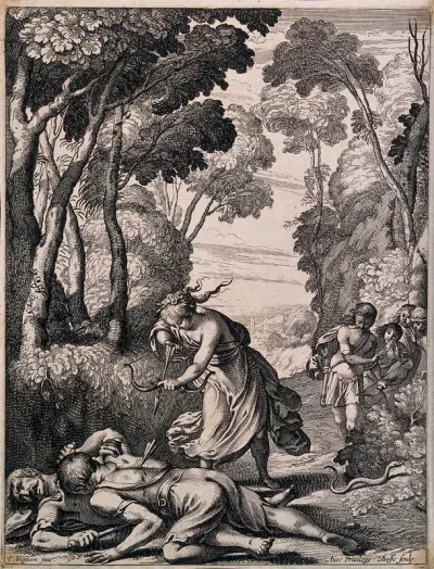 A fight between two Scythian bravos is ended when Ariane shoots both of them with a bow and arrows