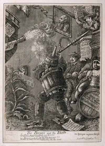 A figure composed of barrels batters the drooping head of a thistle; representing the forced resignation of Lord Melville following implications of malversation and the vote on Whitbread's motion