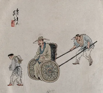 A figure is pushed in a wheelchair