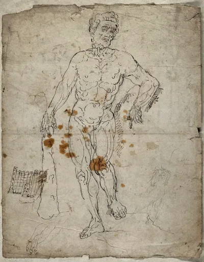A figure of Hercules with a sketch of a castle
