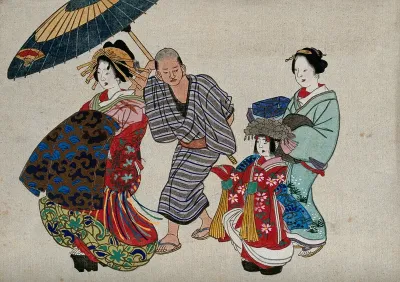 A finely dressed woman is followed by a man holding a parasol, a child and a maid (?)