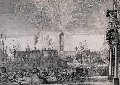 A firework display at the entry of Ferdinand Infante of Spain into Ghent, 1636